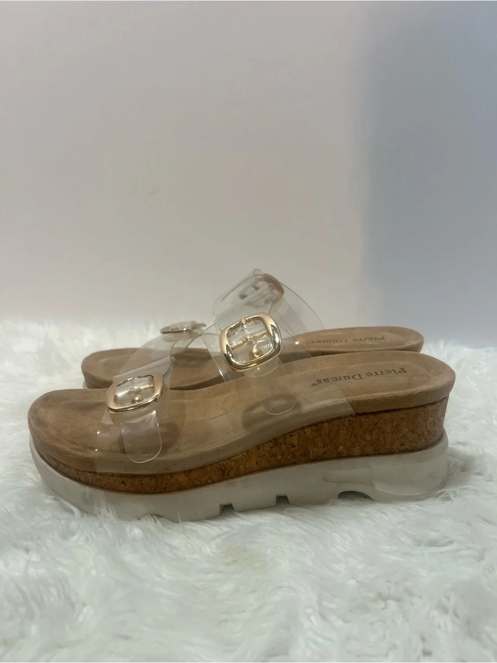Pierre Dumas Clear Wedge Slide Sandals with Gold Buckles 8